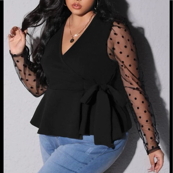 Boho plus size burgundy v neck tie side mesh sieved peplum blouse - Picture 2 of 10